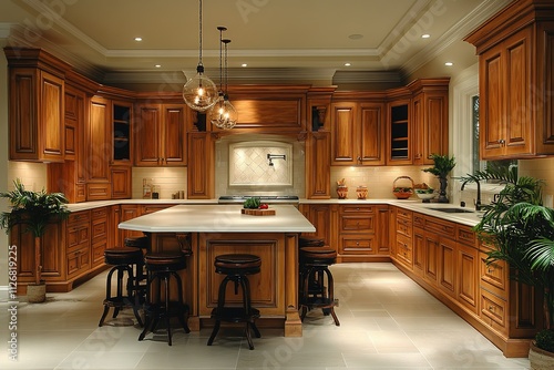 Wallpaper Mural A large kitchen with a white island and wooden cabinets Torontodigital.ca