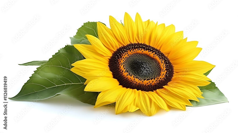 Obraz premium A single sunflower blossom with green leaves rests on a white background