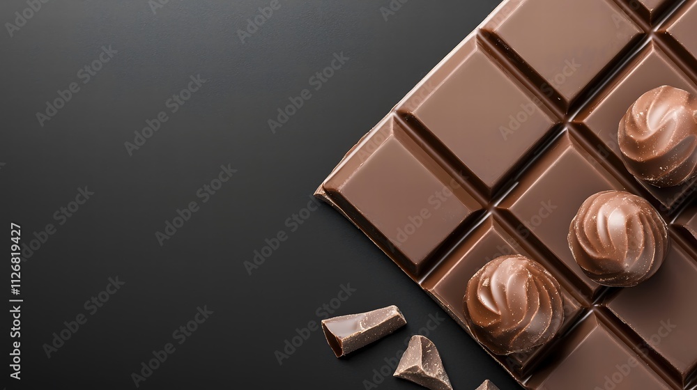 Obraz premium An exquisite chocolate truffle, artfully arranged in the center of a stark black background, highlights the craftsmanship and texture of the confection. Soft shadows enhance its three-dimensional