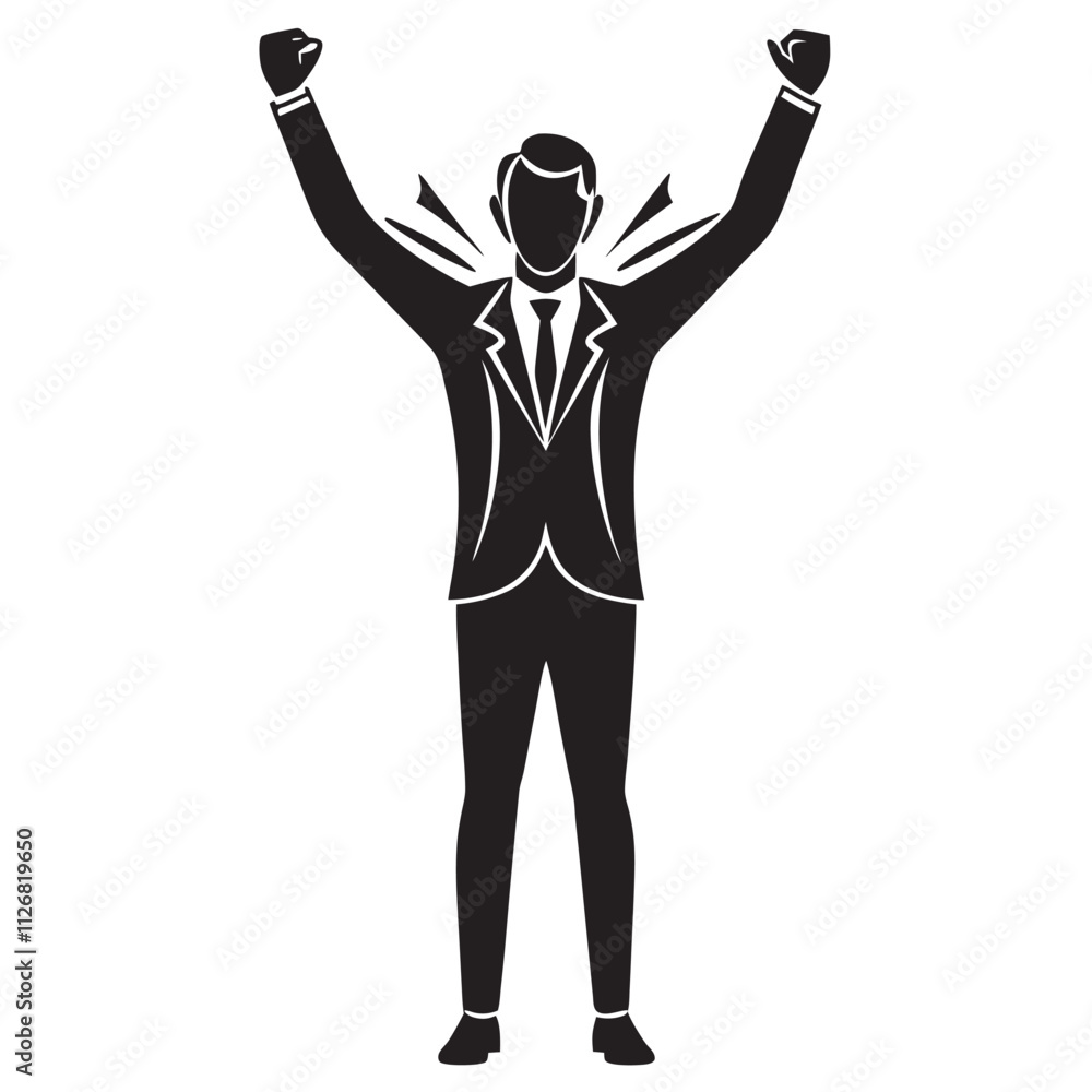 A men standing upright with arms raised in triumph, expressing joy and victory A men standing upright with arms raised in triumph, expressing joy and victory