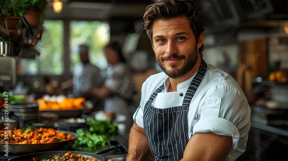 A chef is smiling in front of a kitchen counter with a variety of food items A chef is smiling in front of a kitchen counter with a variety of food items