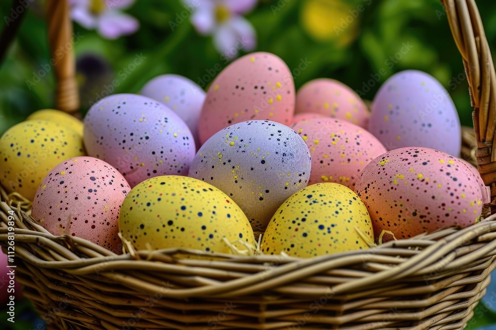 Basket full of Easter eggs with different colors and patterns. The basket is woven and has a rustic feel. The eggs are scattered throughout the basket, with some closer to the top