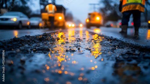 A blurry image of a street with a man in a yellow vest walking in the background photo