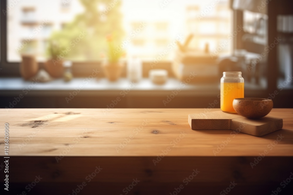 Wooden table with a jar of honey and a bowl of honey on it. The jar is half full and the bowl is empty. The table is in a kitchen with a window behind it Wooden table with a jar of honey and a bowl of honey on it. The jar is half full and the bowl is empty. The table is in a kitchen with a window behind it