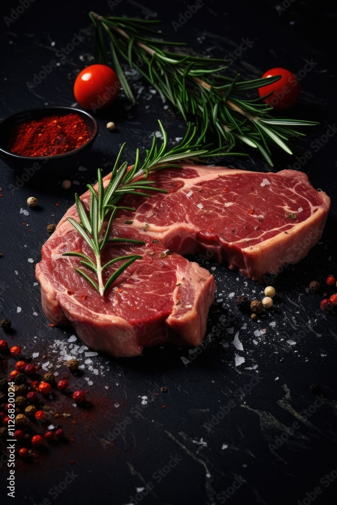 Piece of meat with a sprig of rosemary on top. The meat is surrounded by a variety of spices, including pepper and salt Piece of meat with a sprig of rosemary on top. The meat is surrounded by a variety of spices, including pepper and salt