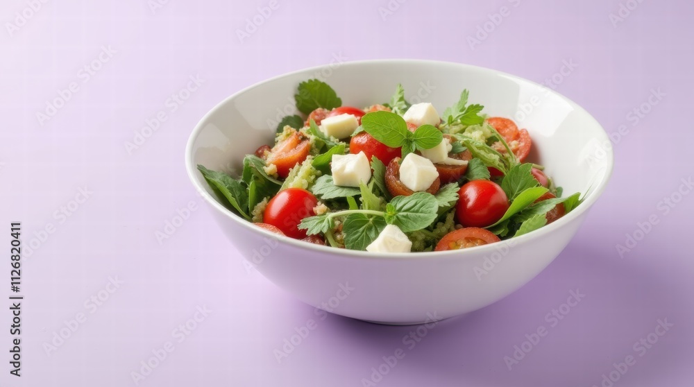 A healthy salad bowl with fresh vegetables on a pastel lavender background A healthy salad bowl with fresh vegetables on a pastel lavender background