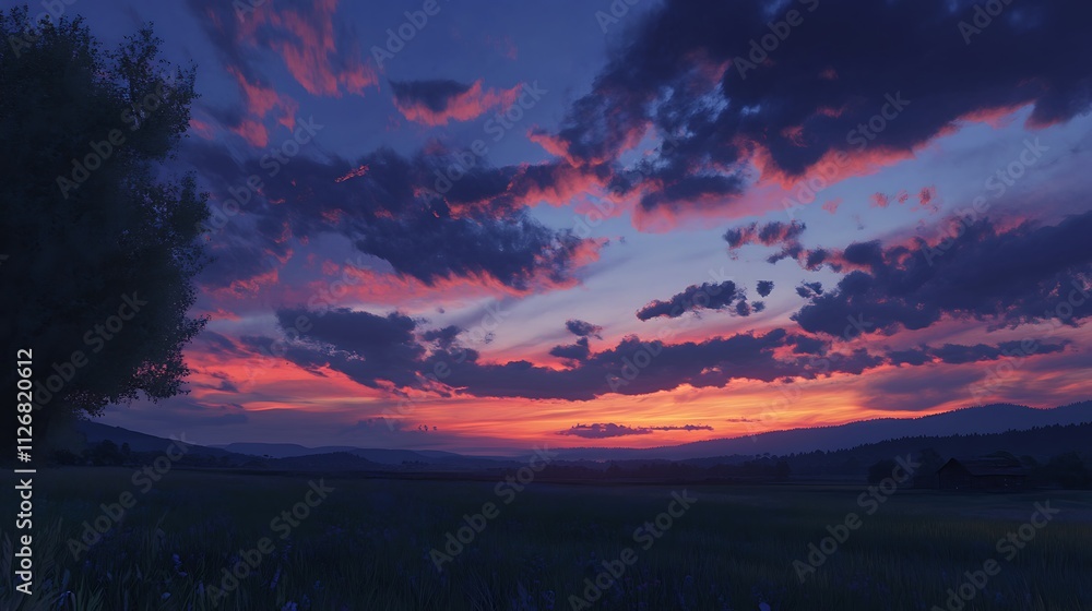 A serene sunset over a landscape, showcasing vibrant colors and tranquil clouds. A serene sunset over a landscape, showcasing vibrant colors and tranquil clouds.