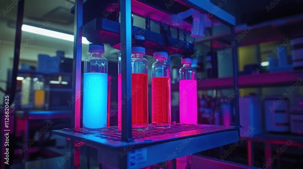 A detailed display of colorful chemical solutions in glass containers glowing under a bright, focused light. A detailed display of colorful chemical solutions in glass containers glowing under a bright, focused light.