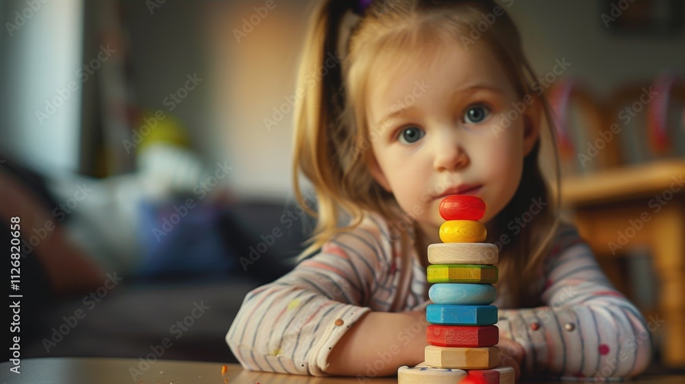 Little girl is sitting on a table with a stack of wooden blocks. She is looking at the blocks and she is curious about them Little girl is sitting on a table with a stack of wooden blocks. She is looking at the blocks and she is curious about them