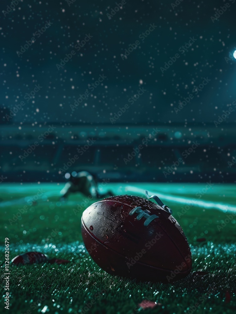 Naklejka premium Football is on the field with snow on it. The field is lit up and the football is wet
