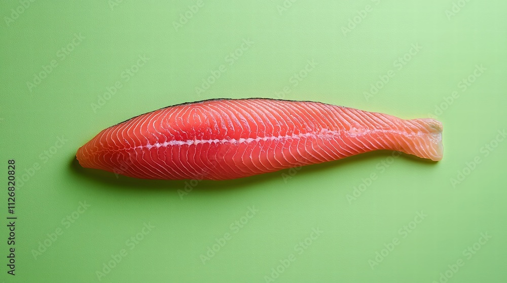 An artistic arrangement of a fish fillet resting on a light green surface, accentuating the delicate texture and natural marbling. The soft lighting enhances the vibrant colors, making it an ideal An artistic arrangement of a fish fillet resting on a light green surface, accentuating the delicate texture and natural marbling. The soft lighting enhances the vibrant colors, making it an ideal