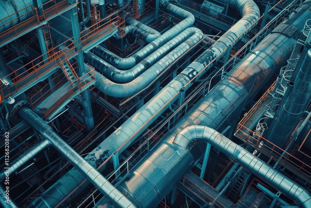 Fototapeta premium Close up of a large industrial pipe system. The pipes are blue and orange. Concept of complexity and industrialization