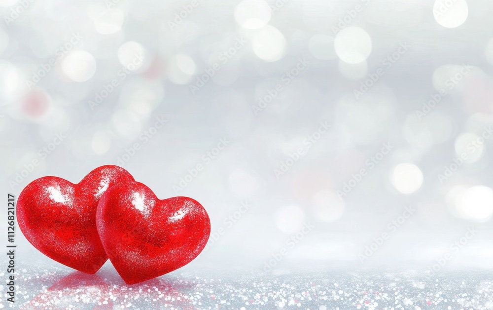 Fototapeta premium Two vibrant red hearts resting on a shimmering silver background adorned with soft white bokeh lights, creating a dreamy and romantic setting perfect for a Valentine's Day card. 
