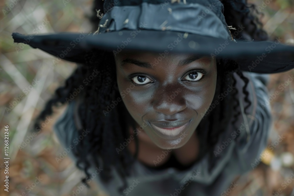 Woman with long hair and a black hat is smiling. The hat is black and has a design on it. The woman's hair is styled in a way that it is visible from the front Woman with long hair and a black hat is smiling. The hat is black and has a design on it. The woman's hair is styled in a way that it is visible from the front