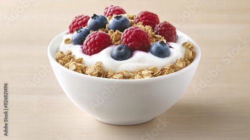 A meticulously styled bowl filled with smooth yogurt, topped generously with an assortment of granola and a mix of juicy blueberries and raspberries, captured in detailed focus against a plain