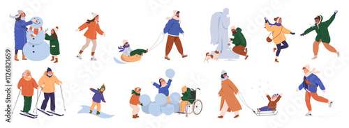  Happy people at winter outdoor activities set. Characters skate, ski, sledding, playing snowballs, and build snowman together. Winter activities and leisure. Cartoon flat vector isolated on white.