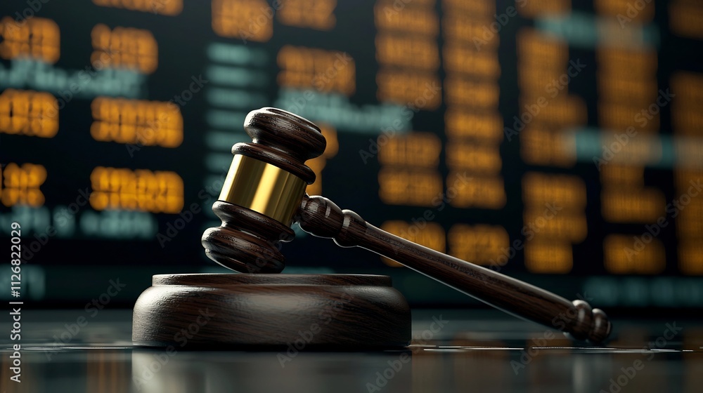 Gavel with Market Tickers in the Background Representing Legal Decisions Impacting Finance Investment and the Exchange Concept of Financial Regulations Policies and Judicial Oversight in the Economy Gavel with Market Tickers in the Background Representing Legal Decisions Impacting Finance Investment and the Exchange Concept of Financial Regulations Policies and Judicial Oversight in the Economy
