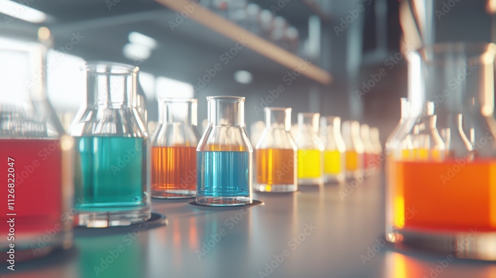 A detailed lineup of colorful chemical solutions in glass beakers under bright, focused laboratory light. A detailed lineup of colorful chemical solutions in glass beakers under bright, focused laboratory light.