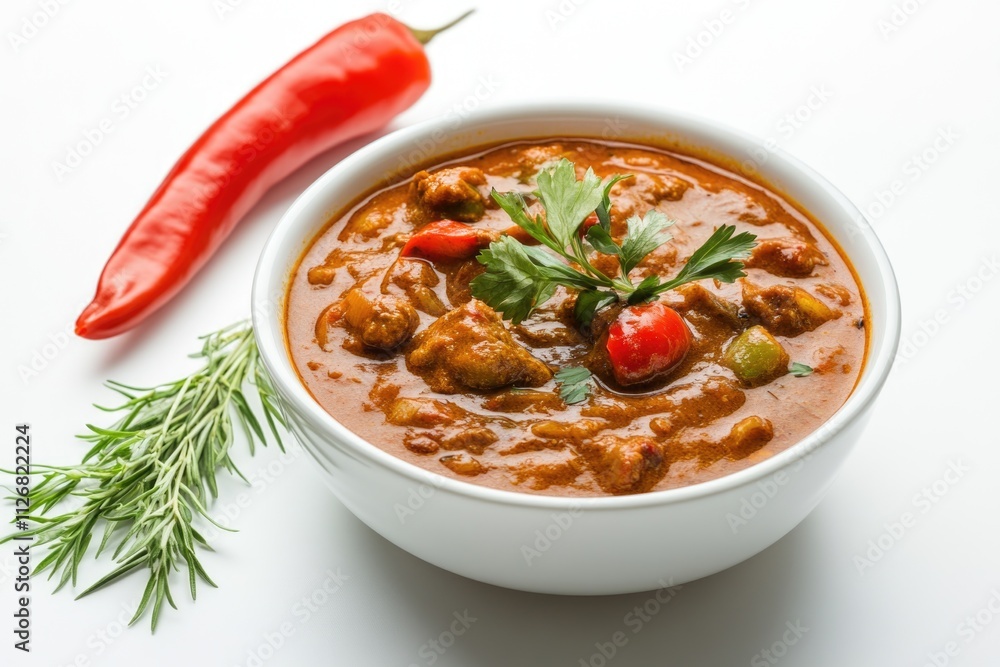 Bowl of chili with a red pepper on the side. The chili is full of vegetables and has a rich, hearty flavor Bowl of chili with a red pepper on the side. The chili is full of vegetables and has a rich, hearty flavor