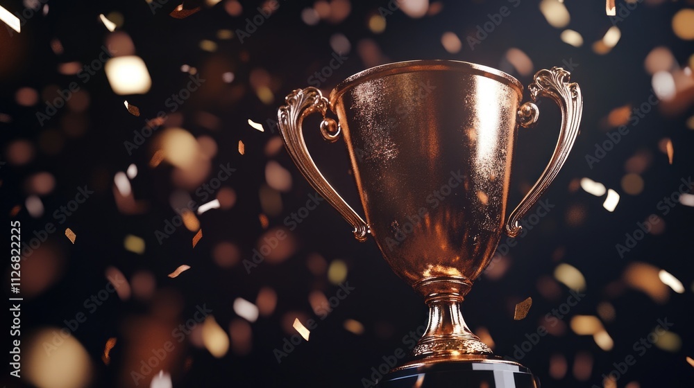 Gold cup with a gold rim sits on a table. The cup is surrounded by a lot of gold confetti Gold cup with a gold rim sits on a table. The cup is surrounded by a lot of gold confetti