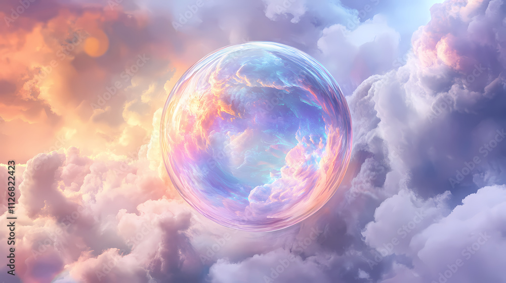 Shimmering iridescent orb suspended in mid-air amidst swirling clouds, iridescent, ethereal, abstract. Opalescent. Illustration Shimmering iridescent orb suspended in mid-air amidst swirling clouds, iridescent, ethereal, abstract. Opalescent. Illustration