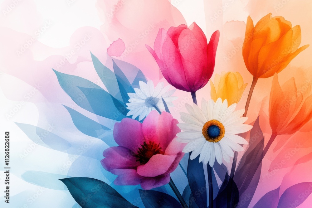 Obraz premium floral watercolor art, a charming watercolor floral backdrop with roses, daisies, and tulips, bringing a romantic vibe to any project