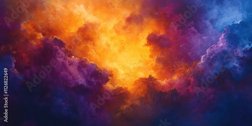 Dynamic burst of multicolor powders creating bold clouds of orange, purple, and blue hues, illuminated textures and glowing energy.