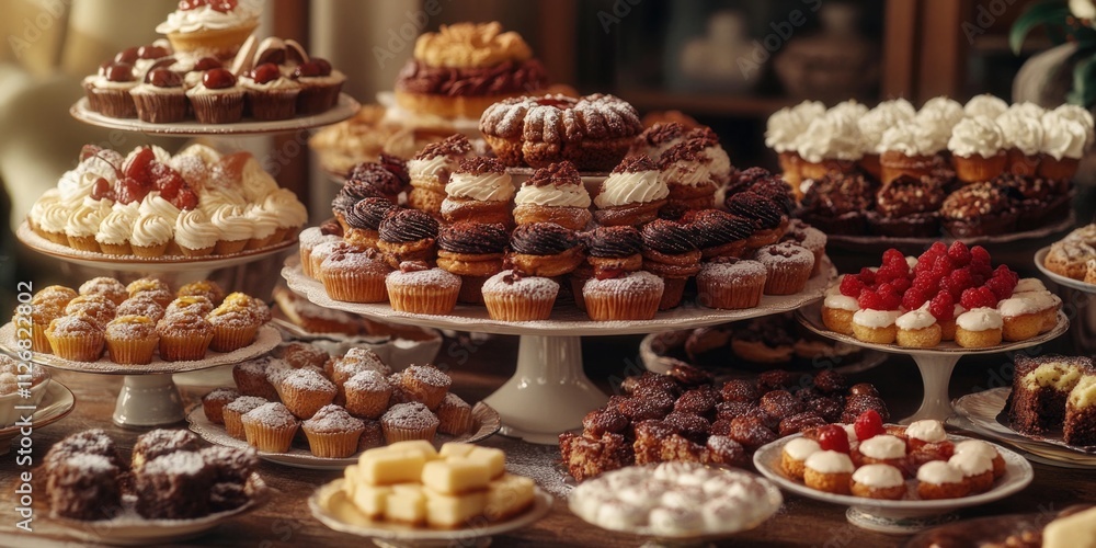 Table full of desserts including cakes, cupcakes, and other sweet treats. The table is covered with plates and platters of various desserts, creating a visually appealing and tempting display