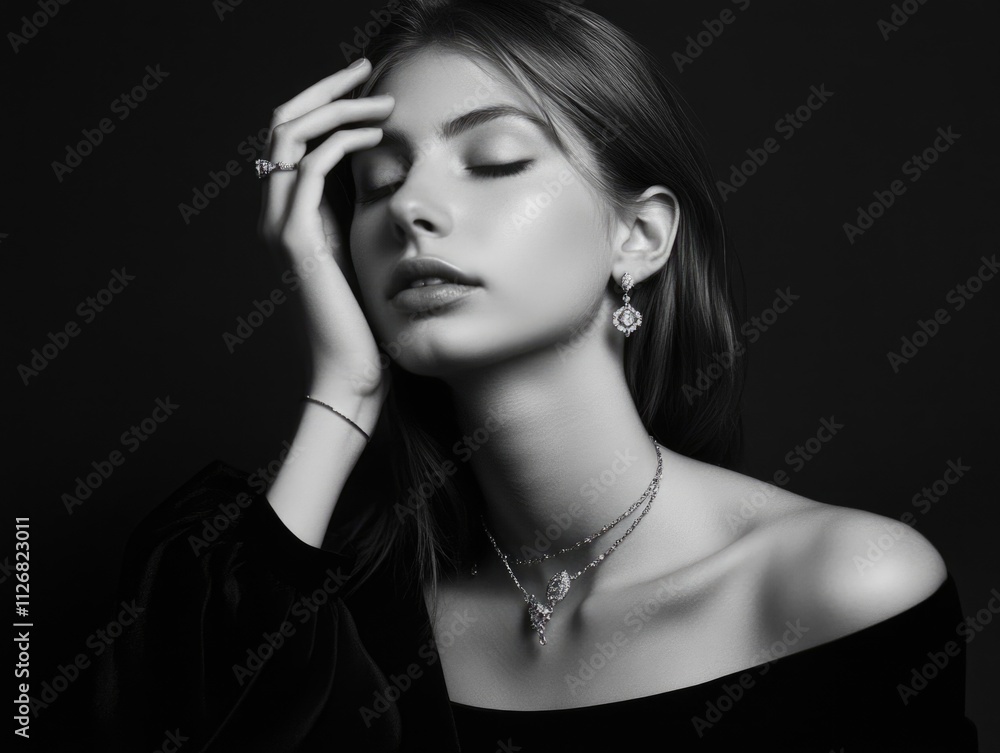 Obraz premium Woman wearing a necklace and earrings is posing for a photo. The photo is black and white, and the woman's face is the main focus. Scene is elegant and sophisticated
