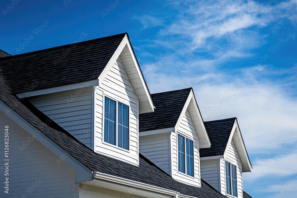House with a blue sky and three windows. The windows are large and the roof is black House with a blue sky and three windows. The windows are large and the roof is black