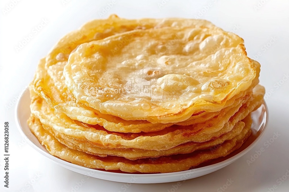 Freshly made roti bread stacked on a white plate, golden-brown surface. Freshly made roti bread stacked on a white plate, golden-brown surface.