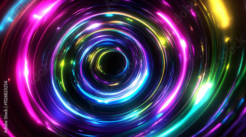 Abstract glowing rings, radiating outwards in neon colors, creating a sense of energy and light. 