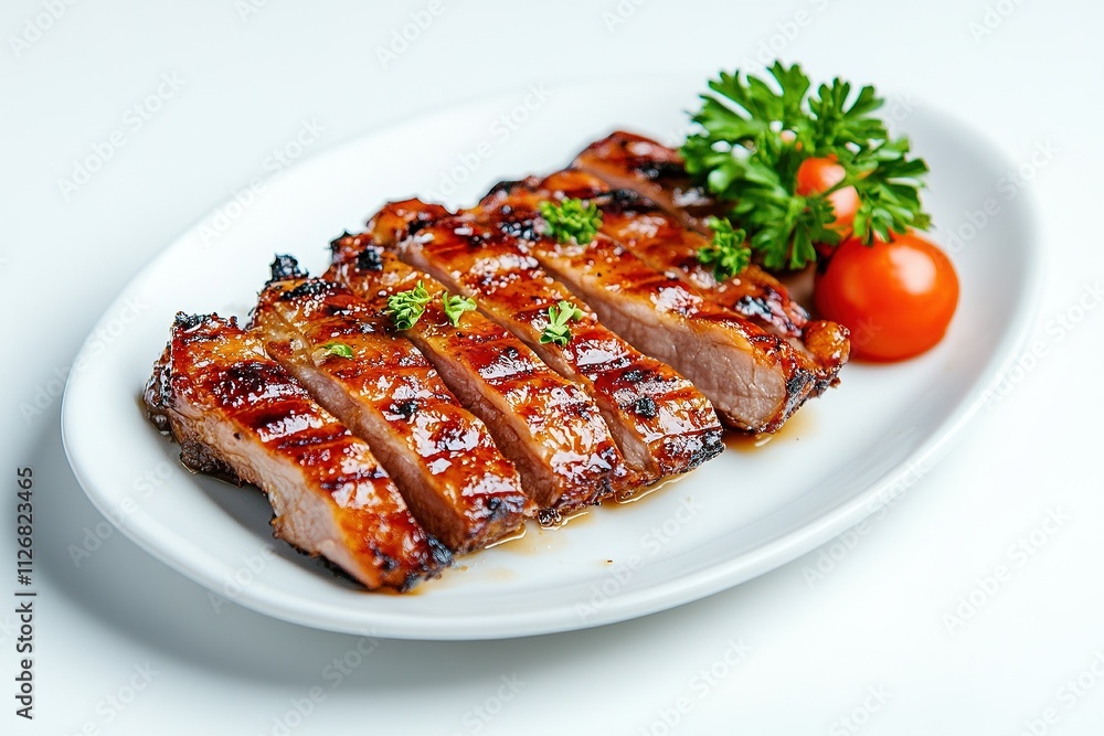 Grilled crocodile meat slices served on a white plate, golden-brown texture with garnish. Grilled crocodile meat slices served on a white plate, golden-brown texture with garnish.