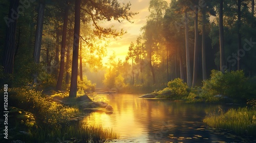 Serene forest landscape at sunset with a calm river and lush greenery.