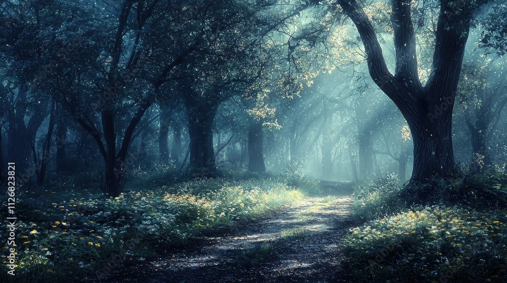 Obraz premium Mystical forest path with sunbeams.