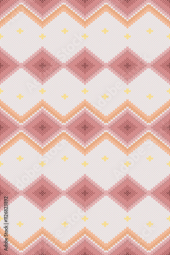 Ikat heart abstract geometric oriental traditional vintage pattern. Modern red damask geometric seamless pattern. knitwear fabric decoration Ikat element style, cross stitch knitted.