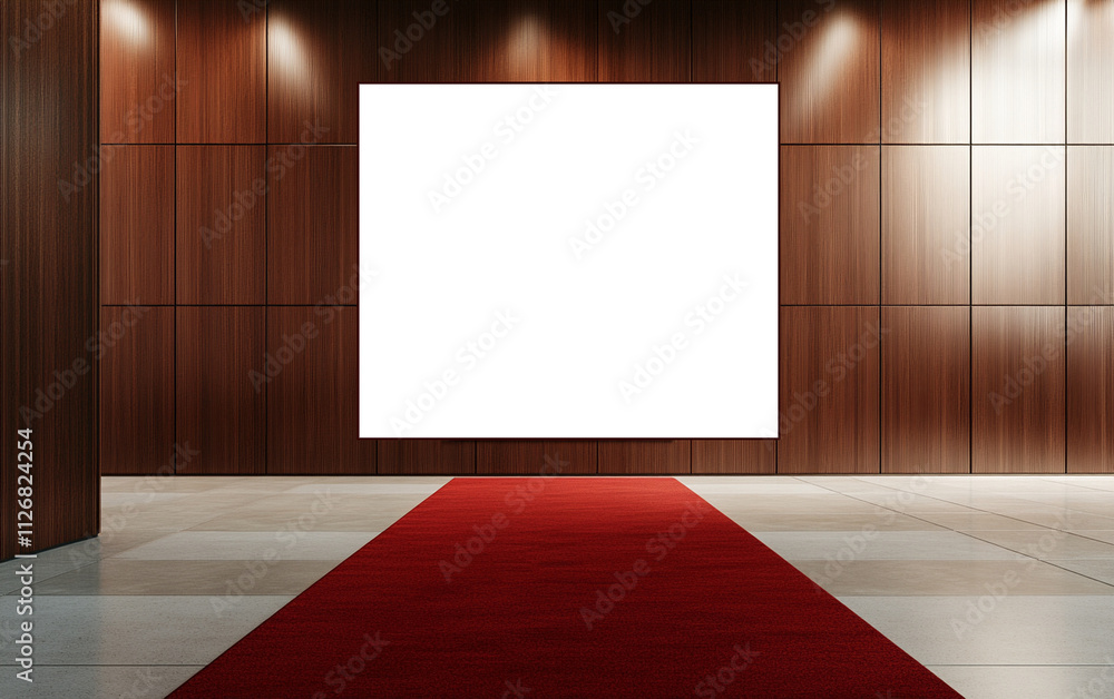 Sleek cinema hall with blank white banner and red carpet entrance, inviting creativity Sleek cinema hall with blank white banner and red carpet entrance, inviting creativity