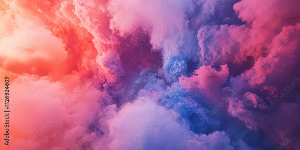 Fototapeta premium Dynamic explosion of colorful powders in pink, blue, and orange hues creating vibrant clouds on a pure white background, glowing textures.
