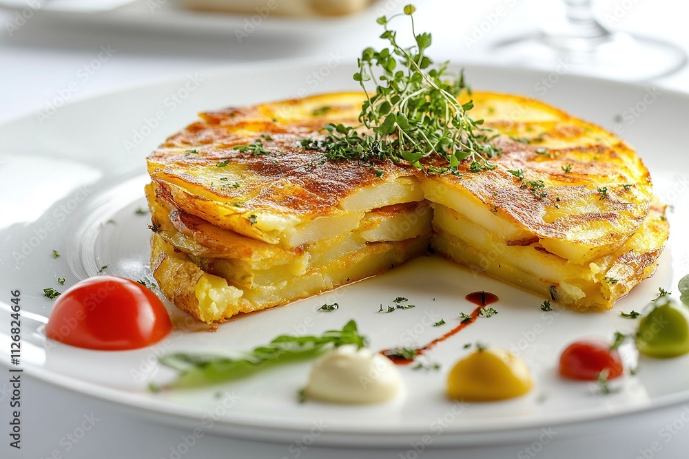 Spanish tortilla Espanola (omelet) is sliced and served on a white plate, with a golden crust and visible potato layers. Spanish tortilla Espanola (omelet) is sliced and served on a white plate, with a golden crust and visible potato layers.