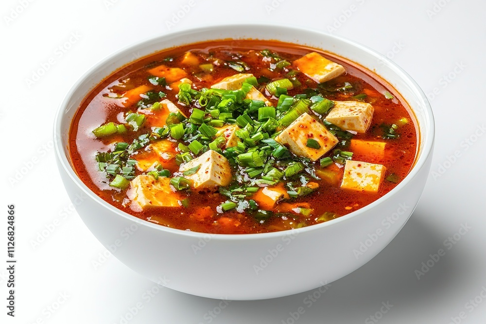 Sundubu-jjigae (soft tofu stew) in a white bowl, vibrant red broth with tofu and vegetables, garnished with green onions. Sundubu-jjigae (soft tofu stew) in a white bowl, vibrant red broth with tofu and vegetables, garnished with green onions.