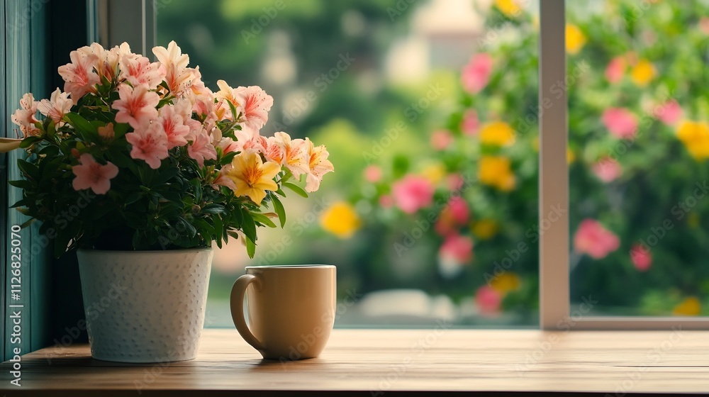Cozy Home Office With Colorful Garden View,Serene Workspace Ambiance Cozy Home Office With Colorful Garden View,Serene Workspace Ambiance