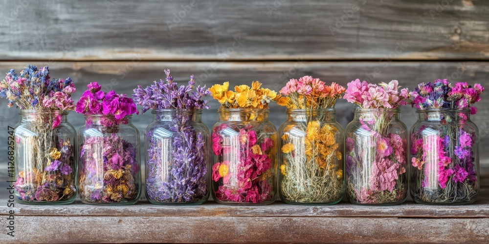 Fototapeta premium Rustic glass jars filled with vibrant dried flowers in shades of pink, purple, and yellow, arranged symmetrically on a vintage wooden table.