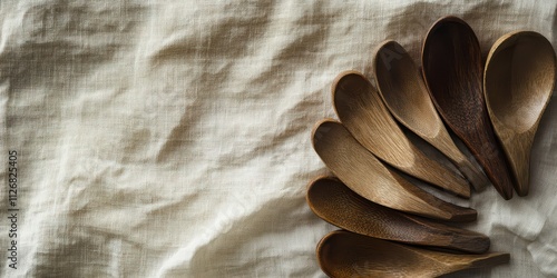 Overhead view of hand-carved wooden spoons forming a semicircle on a light linen cloth, neutral and earthy tones. photo