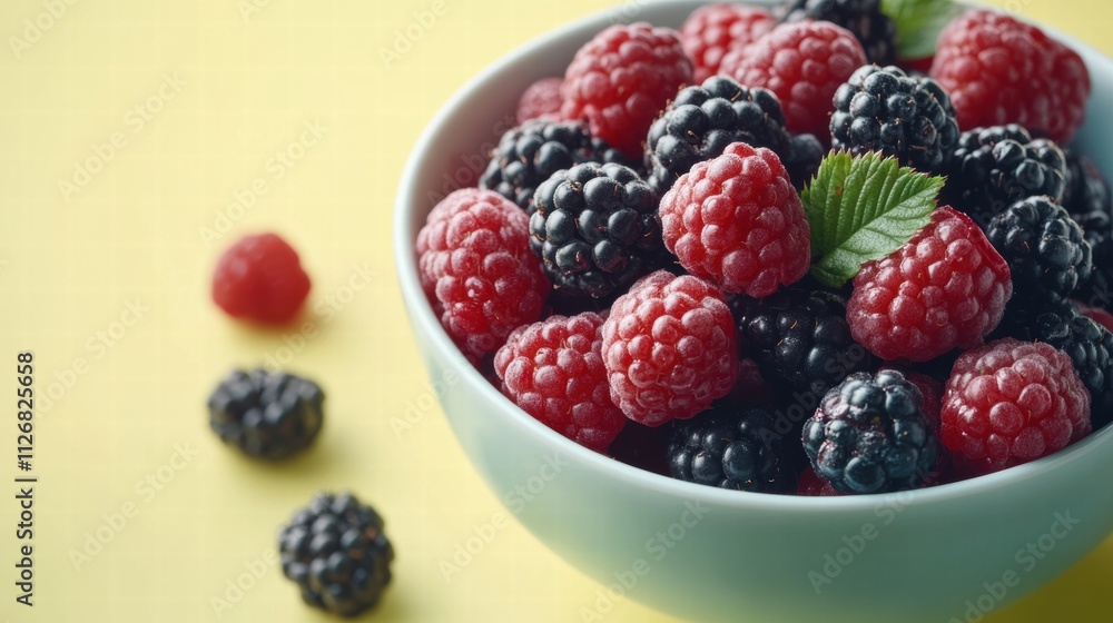 A bowl of fresh berries on a pastel yellow background A bowl of fresh berries on a pastel yellow background