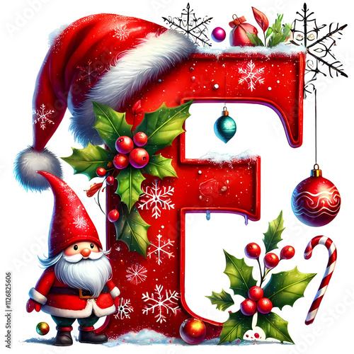 Festive Christmas Letter F with Holiday Decorations, Santa Hat, and Gnome PNG