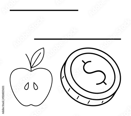 Apple with leaves and seeds beside coin with dollar sign underlined by two horizontal lines. Ideal for finance, economics, grocery costs, budgeting, agriculture, marketplace, and education. Line