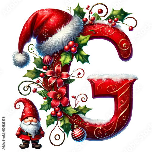 Festive Christmas Letter G with Holiday Decorations, Santa Hat, and Gnome PNG