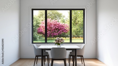 Bright and Airy Dining Room with Large Window Overlooking Vibrant Flower Garden