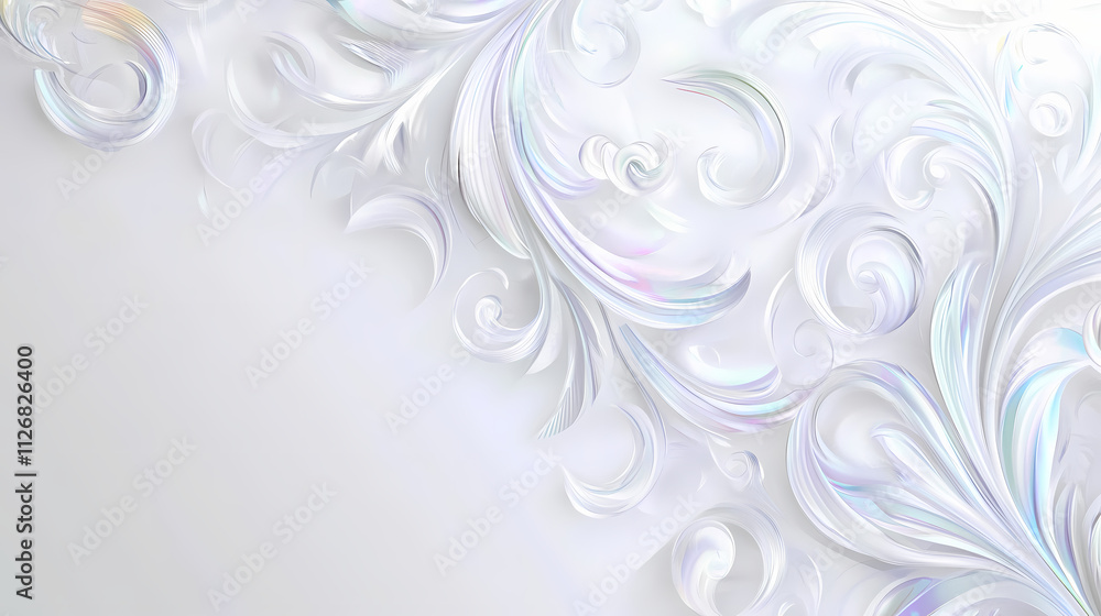 White paper background with iridescent flourishes and copy space. Opalescent. Illustration White paper background with iridescent flourishes and copy space. Opalescent. Illustration