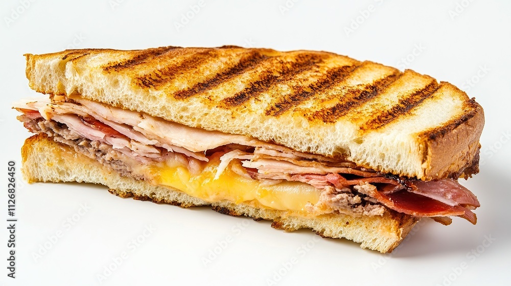 Cuban sandwich slice with detailed textures of bread and fillings. Cuban sandwich slice with detailed textures of bread and fillings.